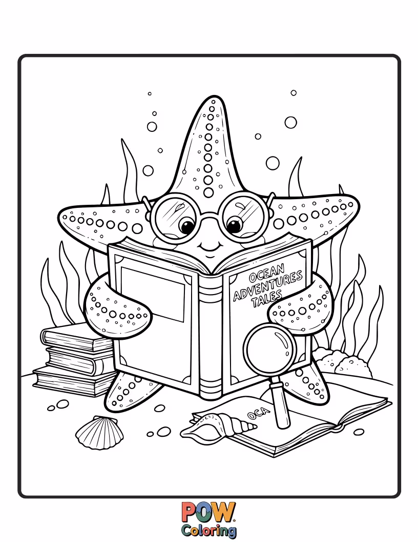 Free coloring page of A studious starfish with glasses perched on its nose, engrossed in a large, old tome.