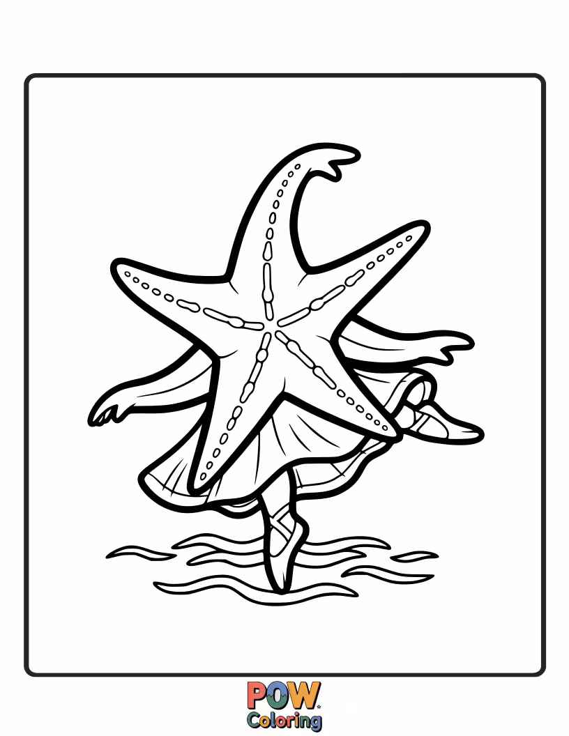 Free coloring page of Elegant silhouettes of starfish gracefully dancing, surrounded by swirling patterns of water and light.
