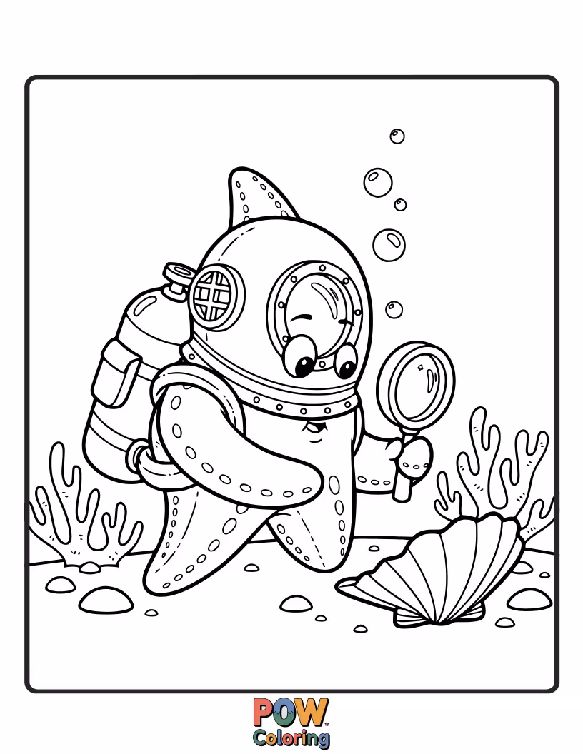 Free coloring page of A determined starfish with a backpack, setting off on an exciting adventure through a vibrant coral reef.