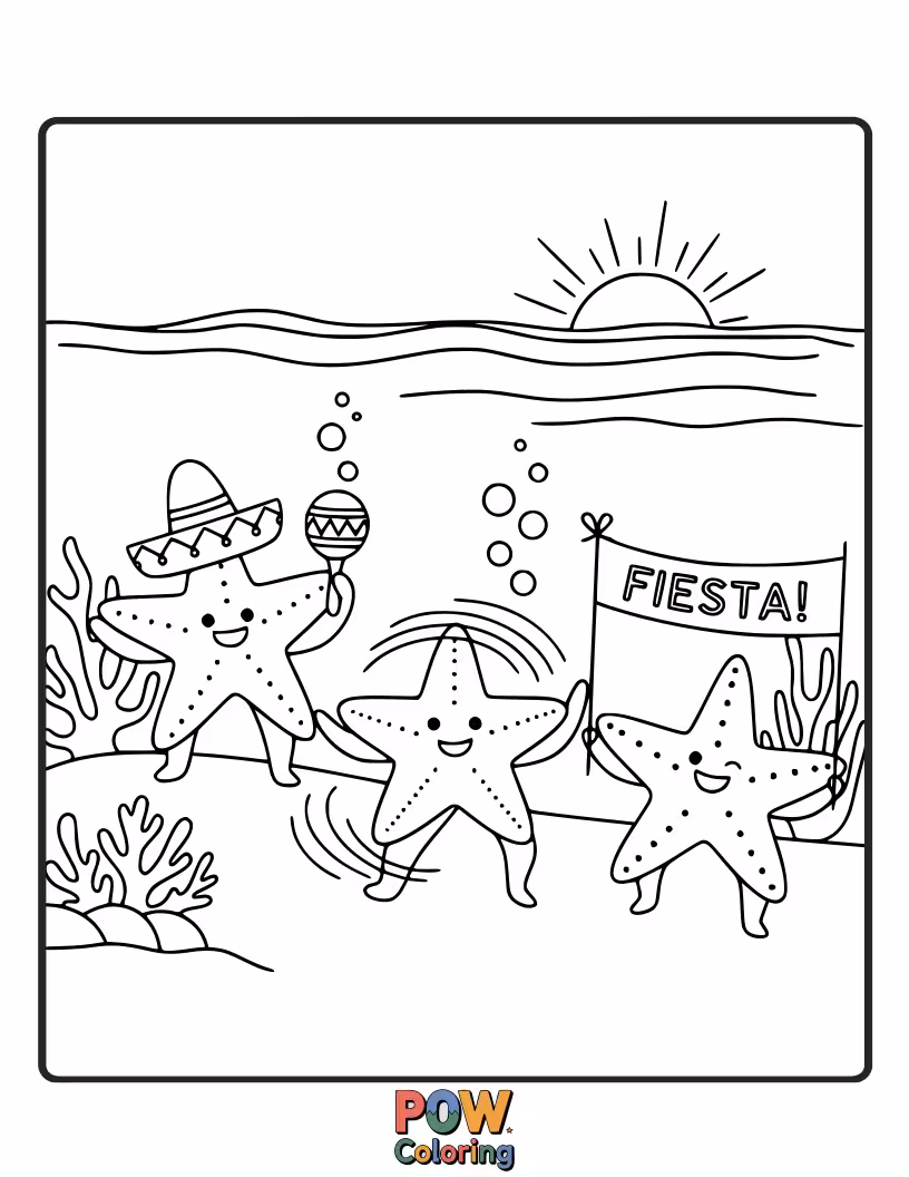 Free coloring page of A playful starfish wearing a tiny sombrero, surrounded by confetti and tiny musical notes for a joyful celebration.