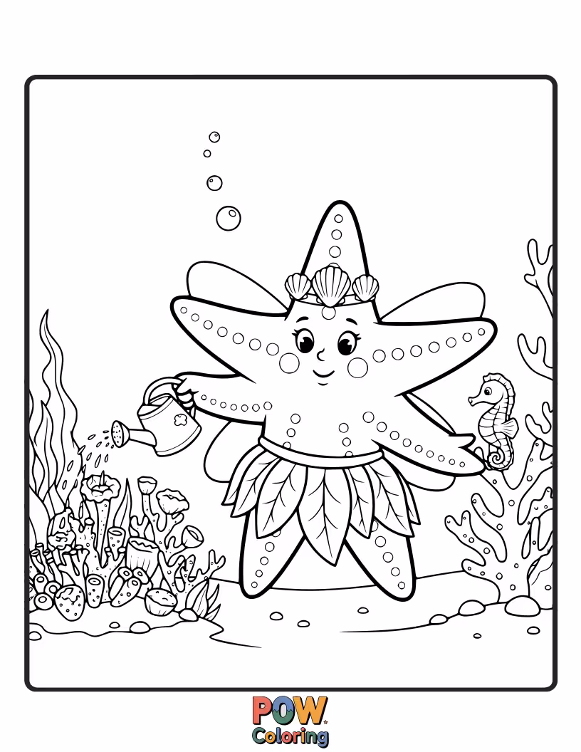 Free coloring page of A delicate starfish with gossamer wings, sprinkling magical dust on blooming underwater plants.