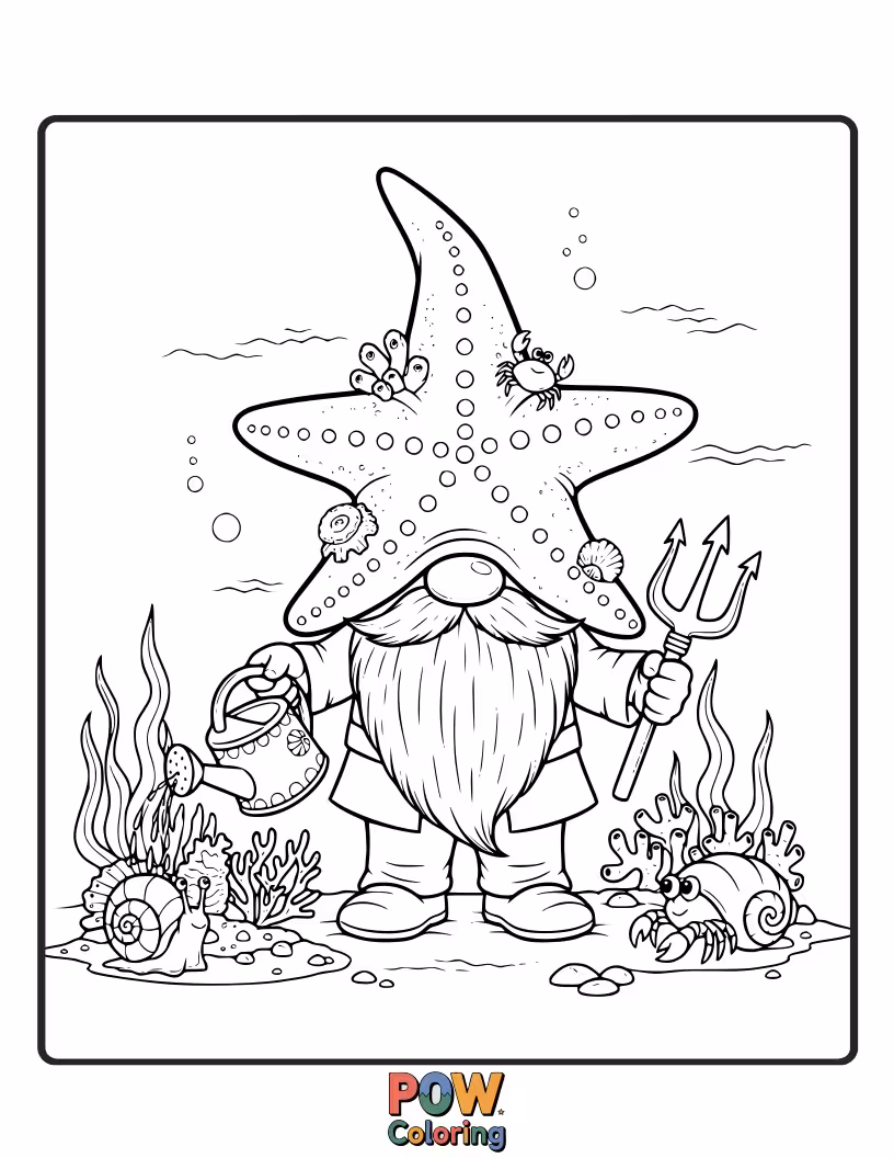 Free coloring page of A quirky starfish dressed as a garden gnome, nestled amongst oversized mushrooms and sparkling dew drops.