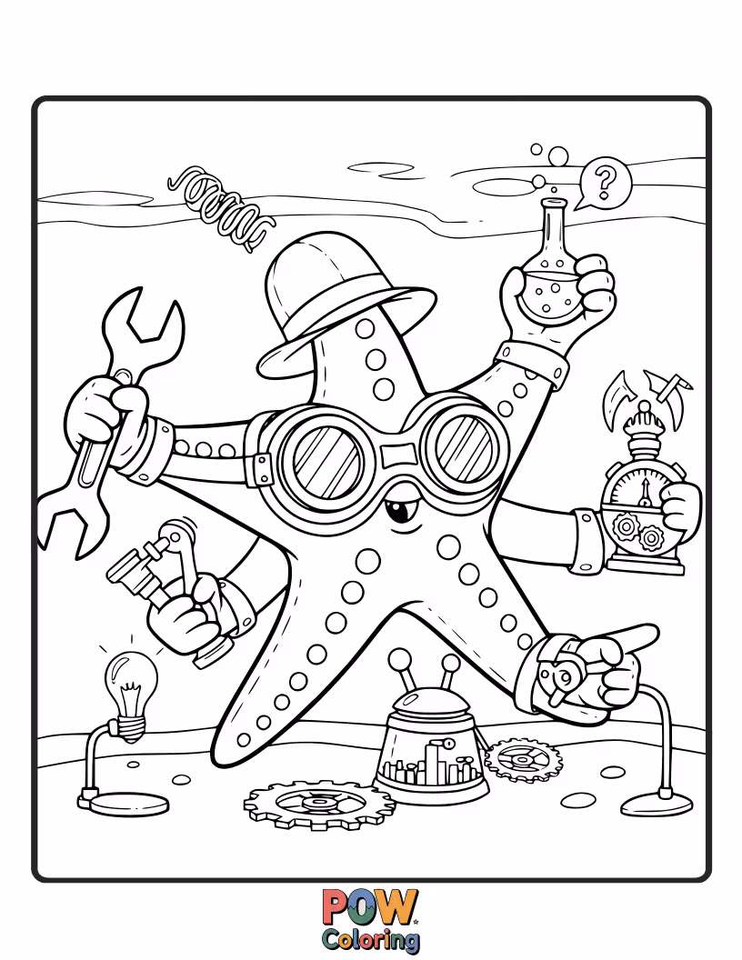 Free coloring page of A clever starfish with goggles and gears, building a whimsical underwater contraption from shells and trinkets.