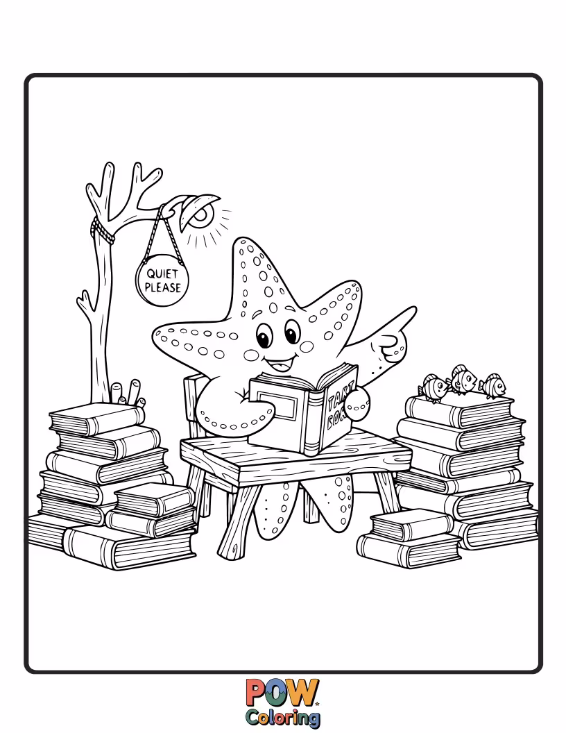 Free coloring page of A knowledgeable starfish organizing scrolls made of seaweed in a grand underwater library.
