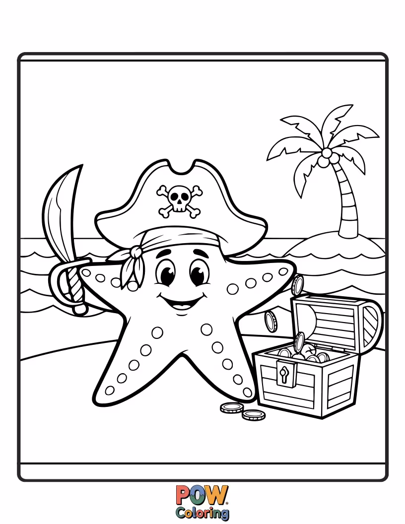 Free coloring page of A swashbuckling starfish with an eyepatch and a tiny treasure map, searching for buried ocean gems.