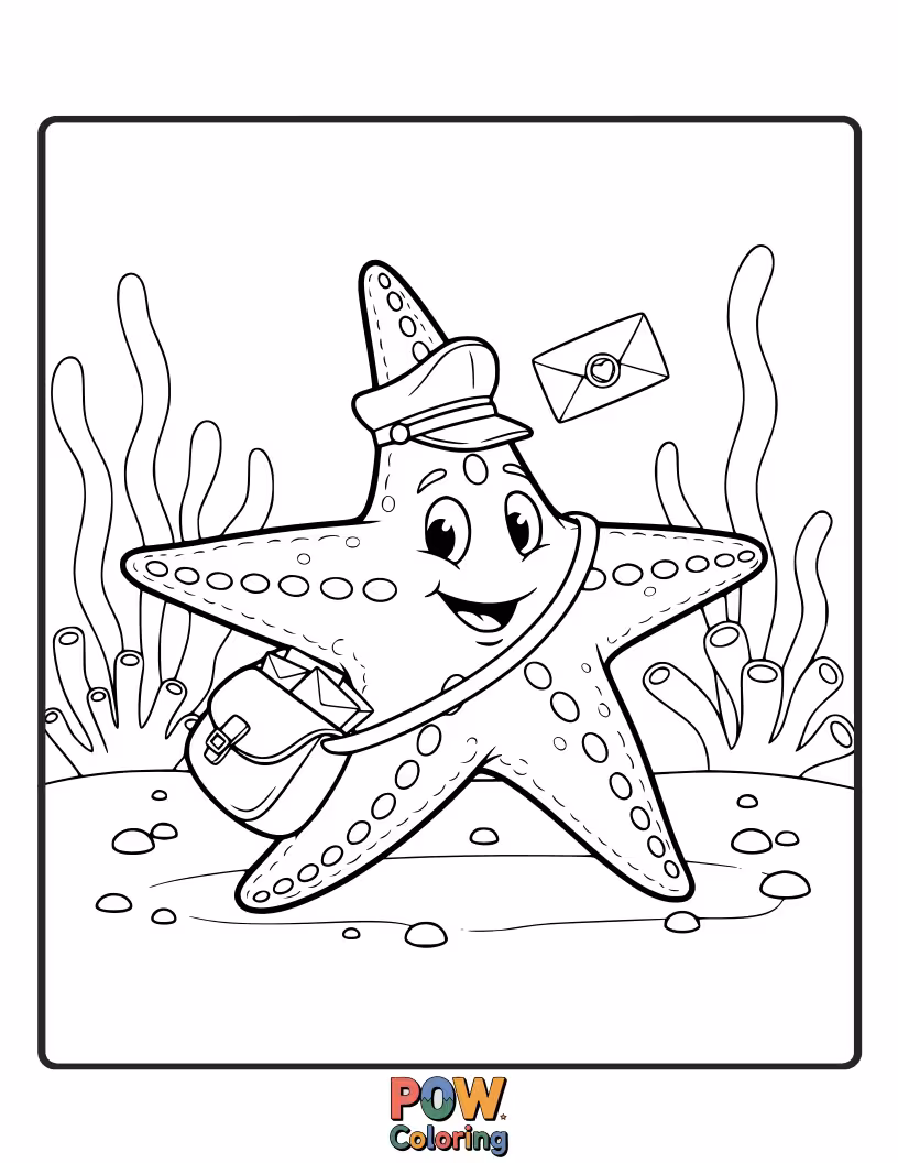 Free coloring page of A friendly starfish delivering a letter inside a shell to another sea creature, with a mailbag.