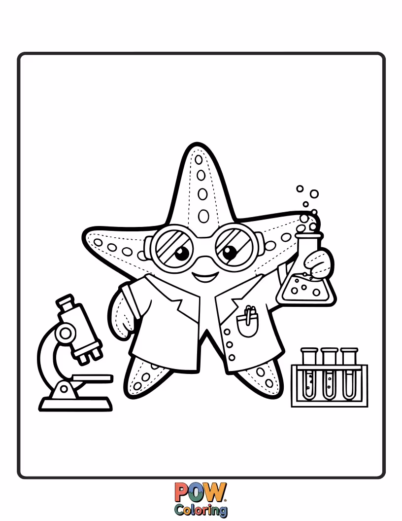 Free coloring page of A curious starfish examining a magnifying glass, studying tiny plankton and colorful anemones up close.