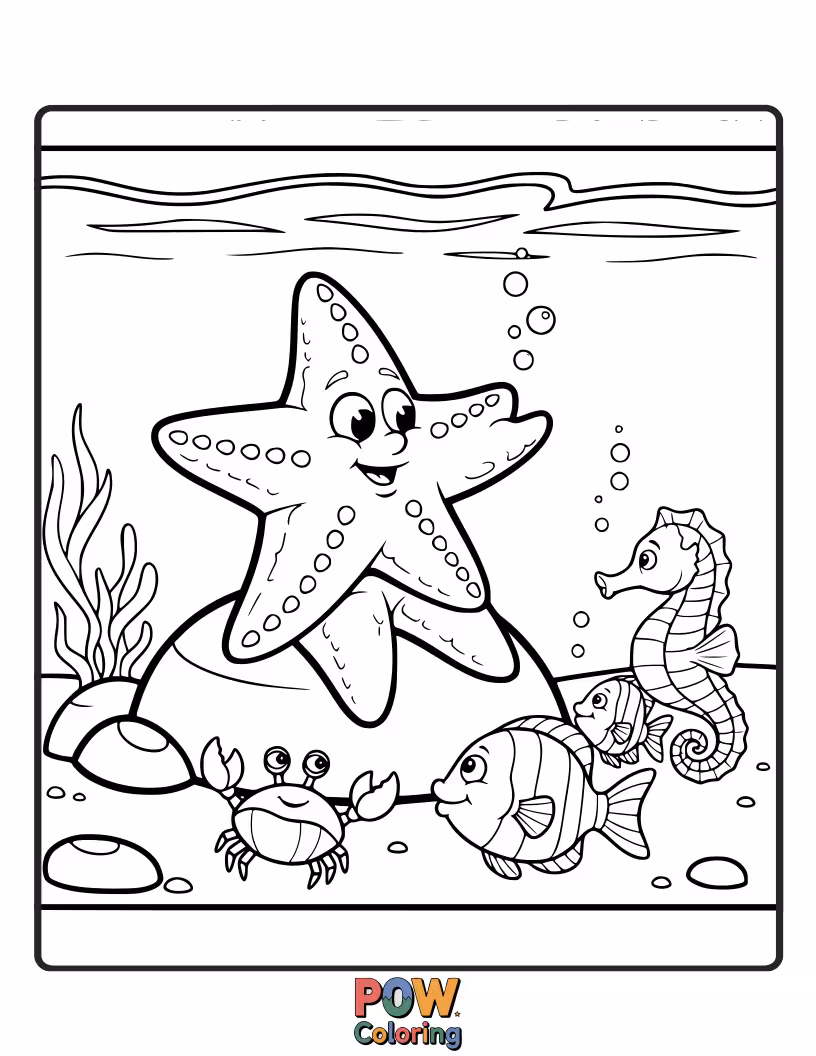 Free coloring page of A wise starfish with a book, surrounded by captivated little sea creatures eager to hear a tale.