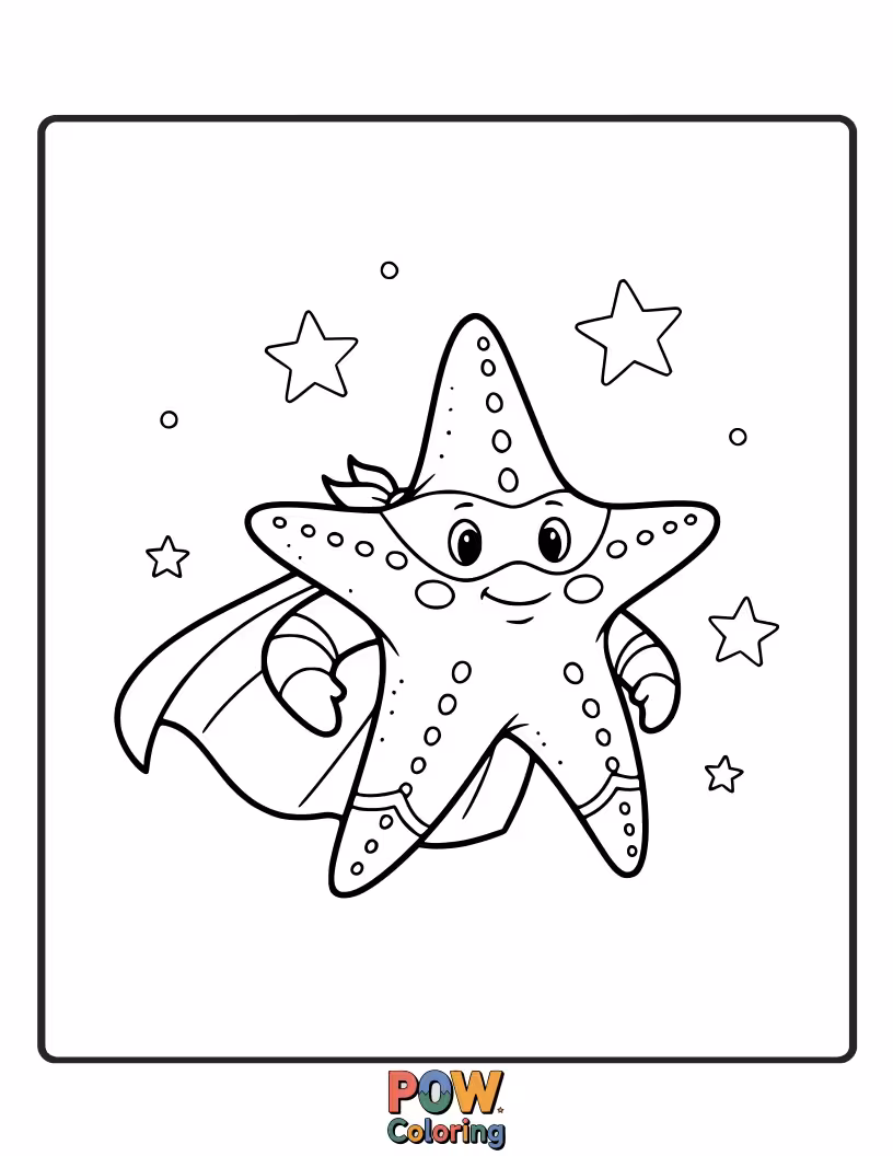 Free coloring page of A powerful starfish with a cape and mask, ready to save the day from any underwater villain.