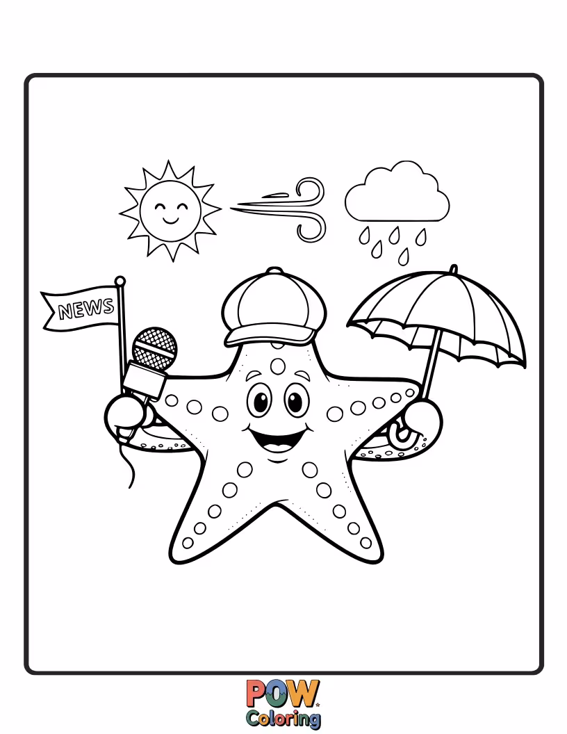 Free coloring page of A cheerful starfish with a microphone, reporting on the sunny ocean weather with a happy smile.