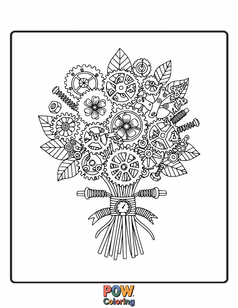 Free coloring page of Clockwork flowers and intricate gears intertwine in this unique, mechanical floral arrangement.