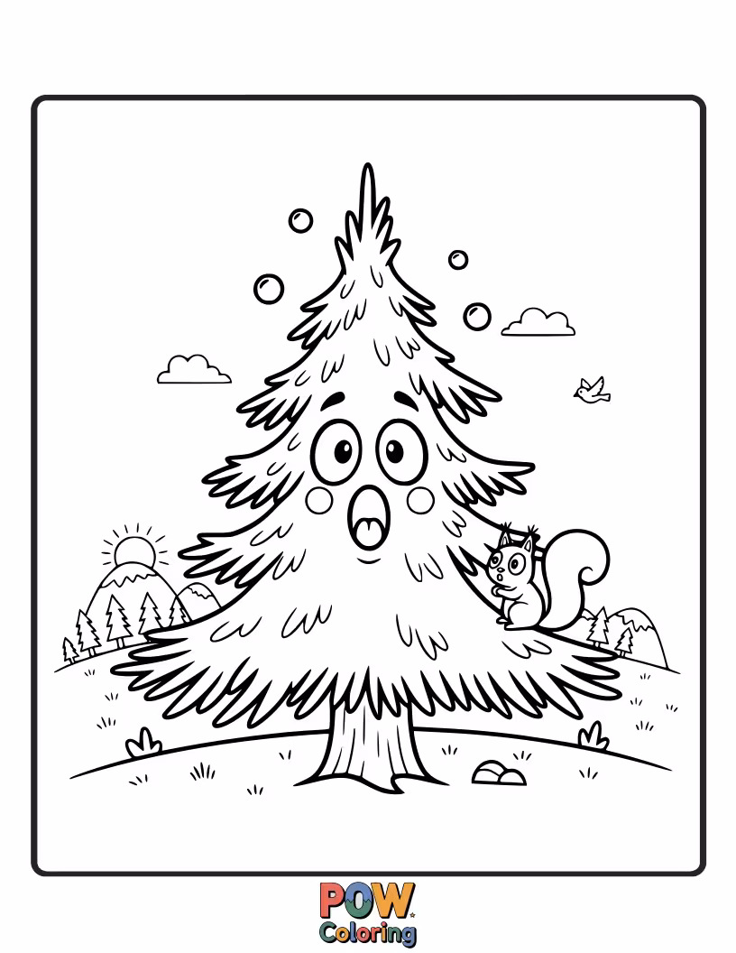 Free coloring page of A Christmas tree shape, but with wide, surprised eyes peeking from behind its branches.