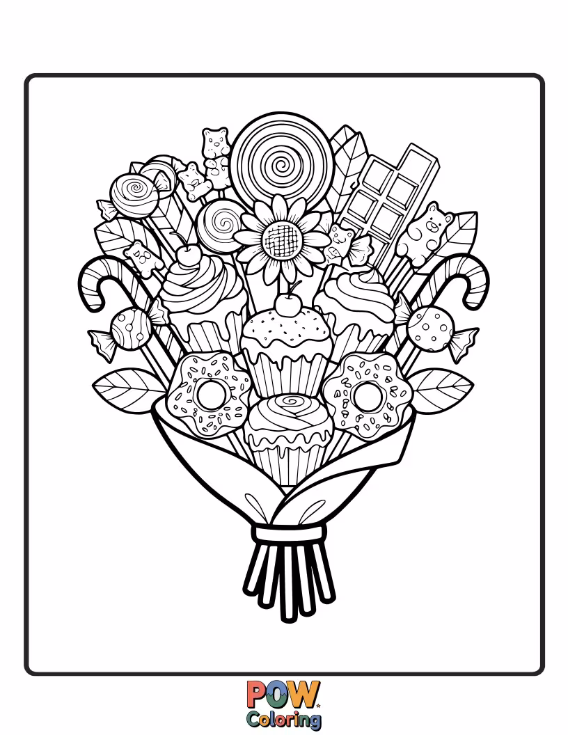 Free coloring page of A delightful bouquet of candy flowers, lollipop stems, and cookie leaves – a sugary dream!