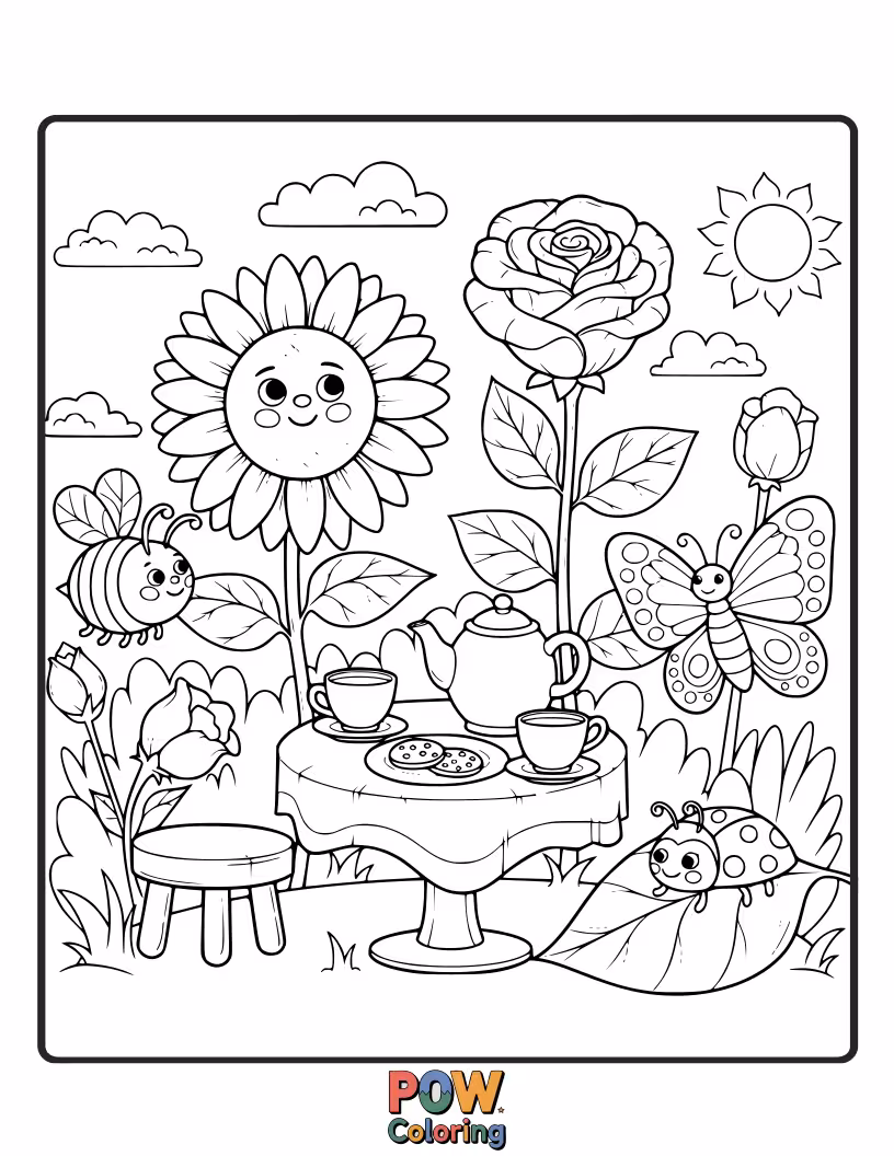 Free coloring page of Flowers dressed in tiny hats and bonnets, gathered for a whimsical tea party amidst teacups and floral treats.