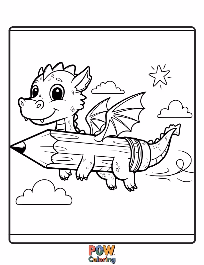 Free coloring page of A miniature, friendly dragon using its fiery breath to gently warm a pencil for optimal drawing.