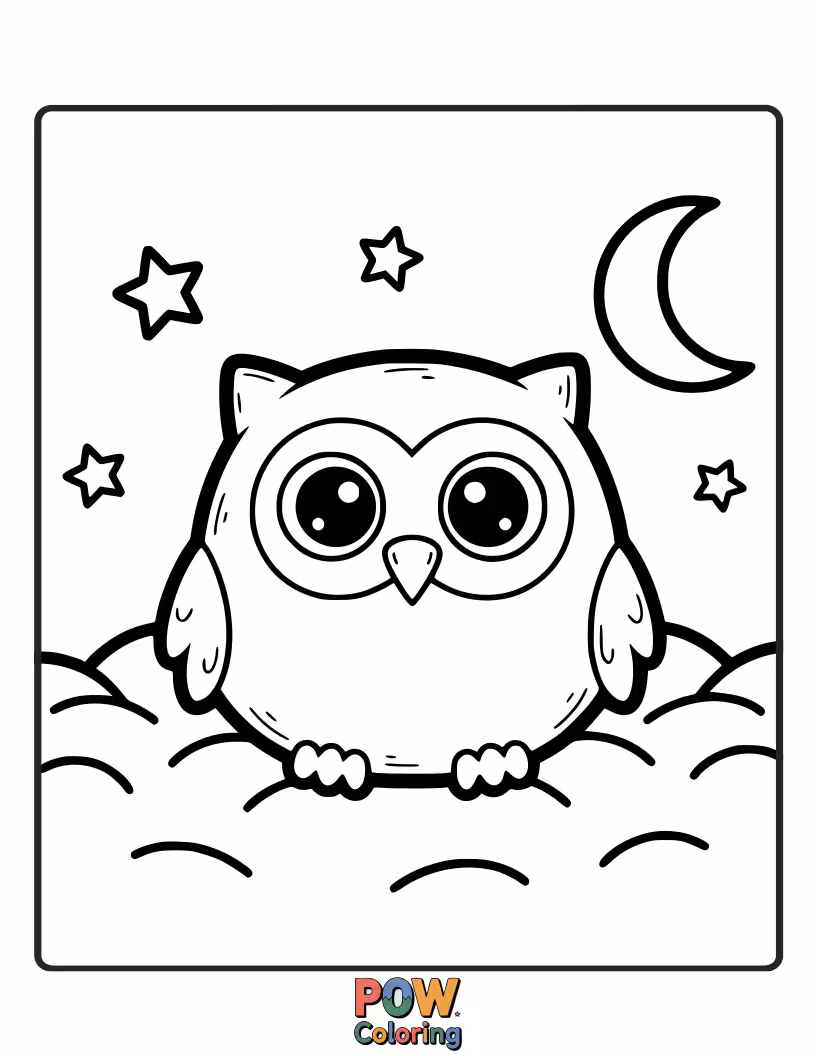 Free coloring page of A wise-looking owl face pillow perched on a soft cushion. Color its big eyes and thoughtful expression.