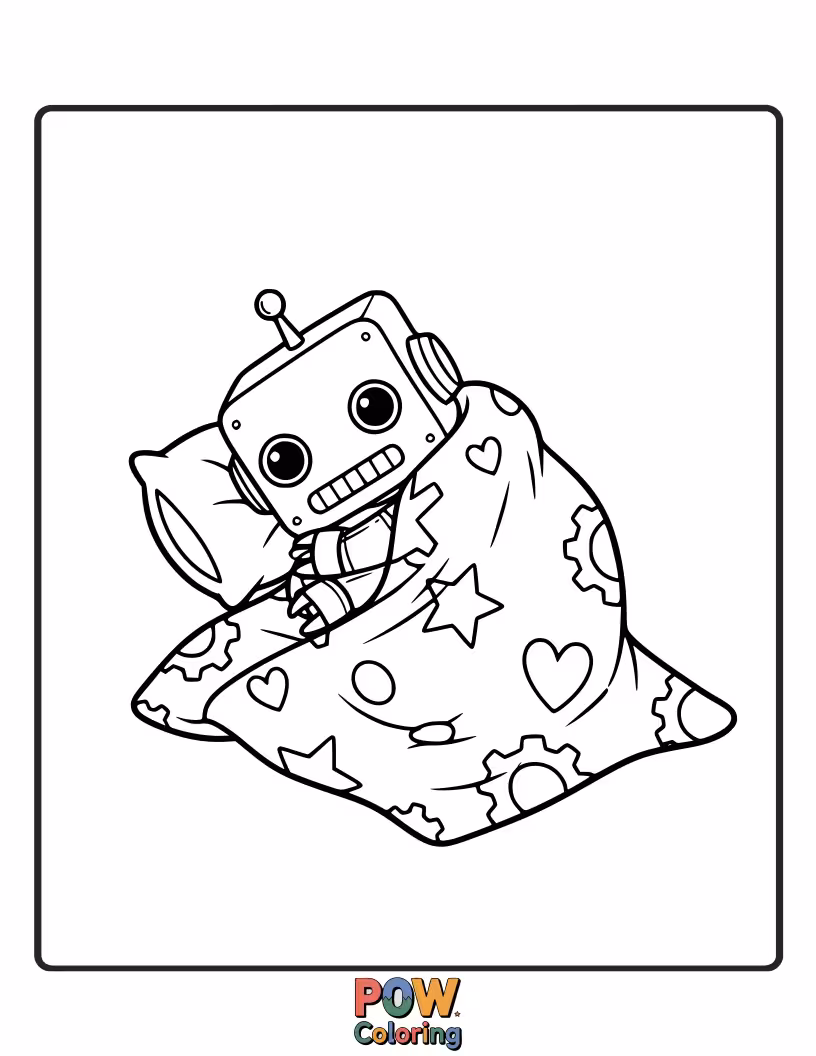 Free coloring page of A friendly little robot snuggled under a metallic-patterned blanket.