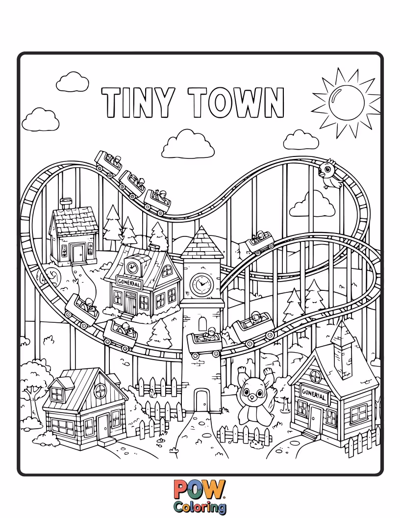 Free coloring page of A miniature roller coaster winds through a charming tiny town, passing little houses and shops.