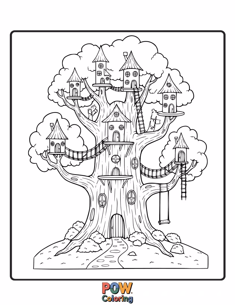 Free coloring page of A collection of miniature trees, each with its own personality, forming a charming, tiny forest village.