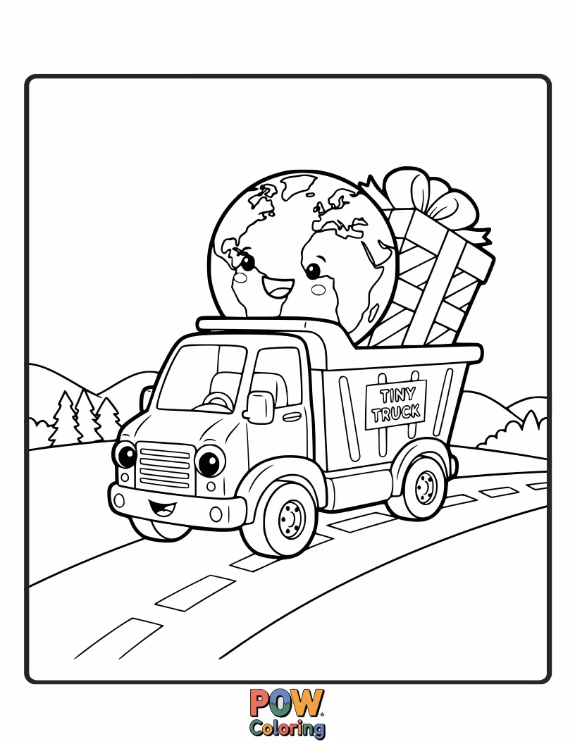 Free coloring page of A small toy truck carrying a flower that is much larger than itself.