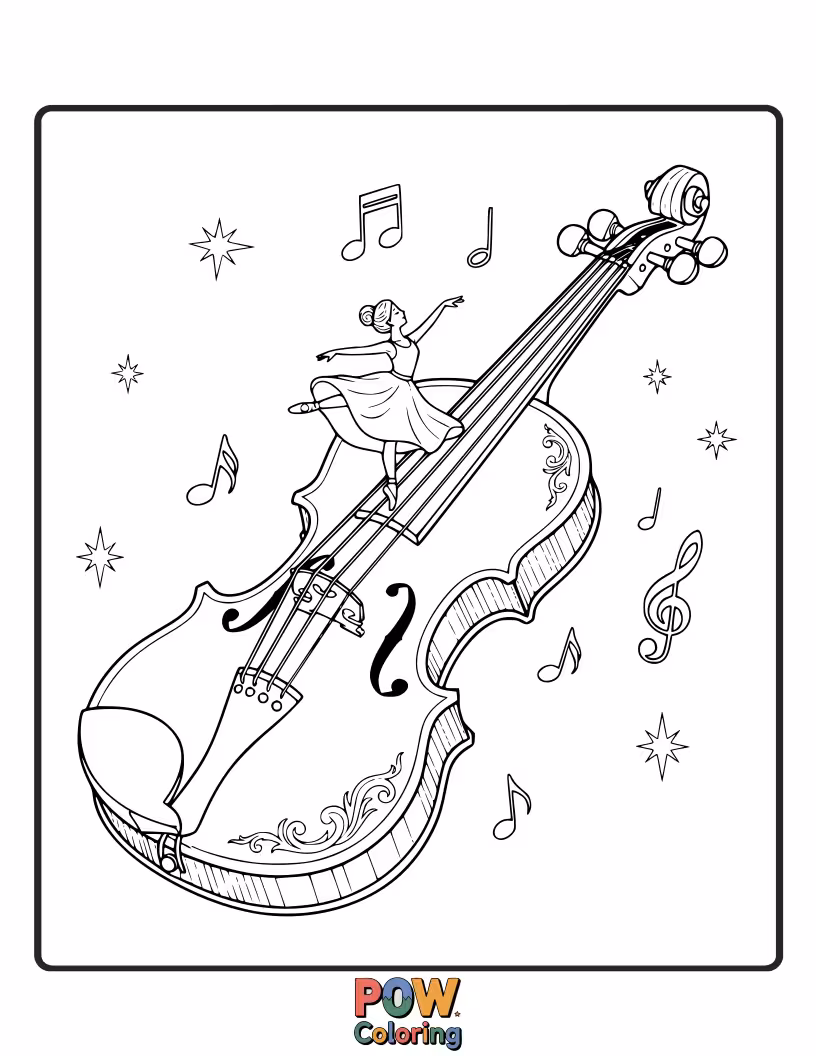 Free coloring page of A tiny ballerina in a tutù gracefully dances with a miniature violin, pirouetting with joy.