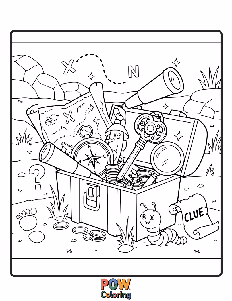 Free coloring page of A happy toolbox overflowing with colorful gems and shiny coins.