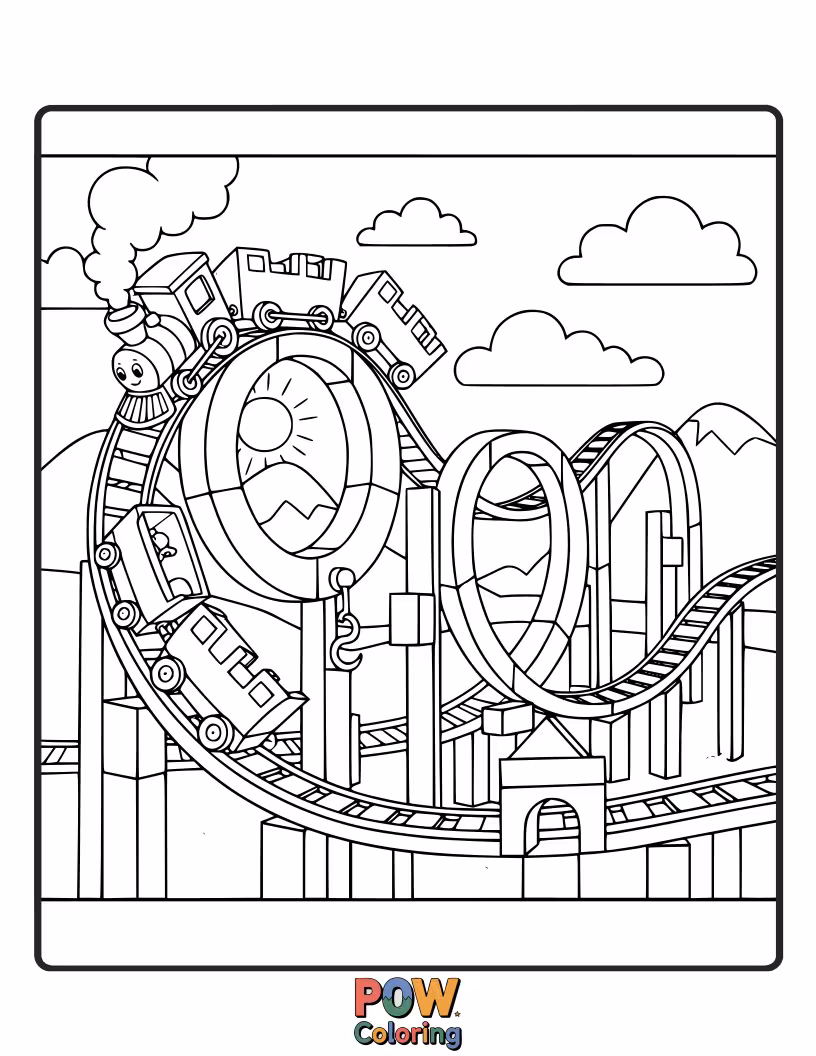 Free coloring page of This cute roller coaster resembles a beloved toy train chugging along a whimsical track.