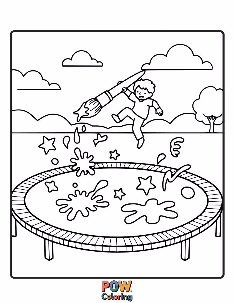 Free coloring page of A trampoline with a blank surface, where a child bounces and creates colorful splatters, turning it into an art piece.