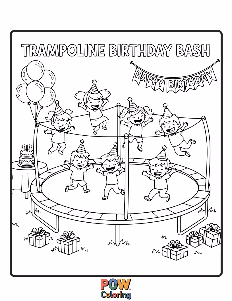 Free coloring page of A festive trampoline decorated with balloons and confetti, where happy children bounce and celebrate a fun birthday party.