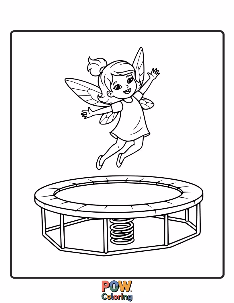 Free coloring page of A graceful fairy with shimmering wings soaring high while bouncing on a whimsical trampoline woven from moonbeams.