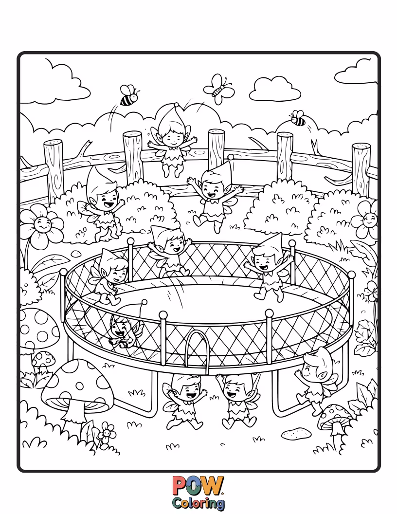 Free coloring page of Tiny, sparkling garden sprites using a large trampoline as a magical flower petal, bouncing amongst vibrant blossoms.