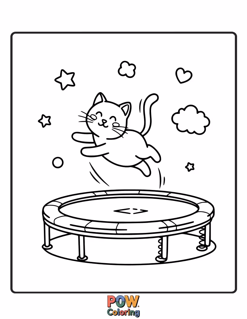 Free coloring page of A playful kitten with big eyes leaping with excitement on a small, colorful trampoline, chasing a bouncy ball.