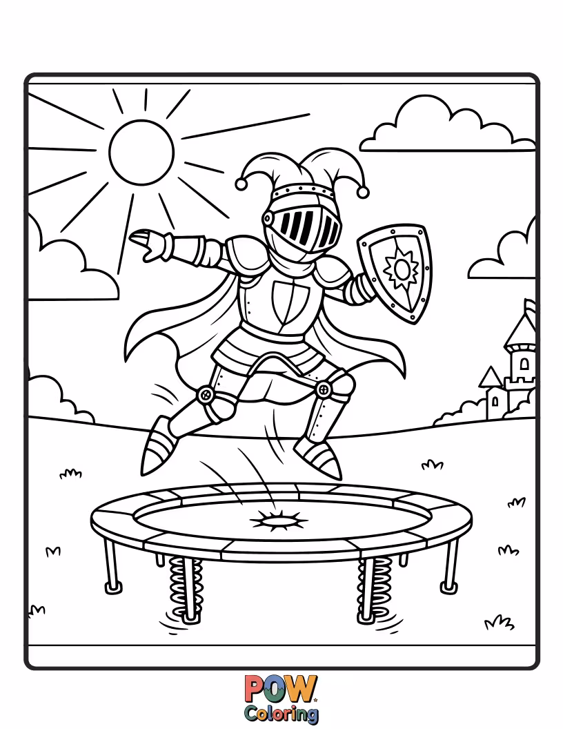 Free coloring page of A brave knight child in shiny armor performing epic jumps on a majestic trampoline, ready for adventure.