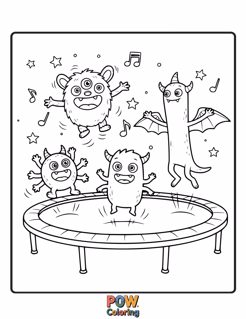 Free coloring page of Silly, friendly monsters with funny faces bouncing wildly on a colorful trampoline, making joyful, monstrous leaps.