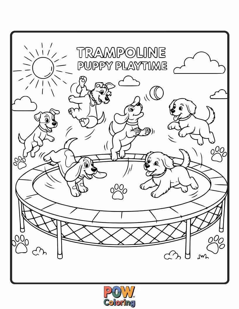Free coloring page of A fluffy, happy puppy with floppy ears gleefully bouncing high on a trampoline, paws in the air, pure joy.