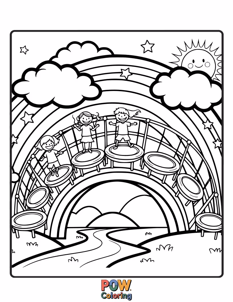 Free coloring page of A colorful trampoline that forms a shimmering rainbow bridge, with a child bouncing joyfully across it.