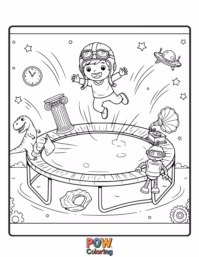 Free coloring page of A child bouncing on a steampunk-inspired trampoline that seems to warp through different historical eras.