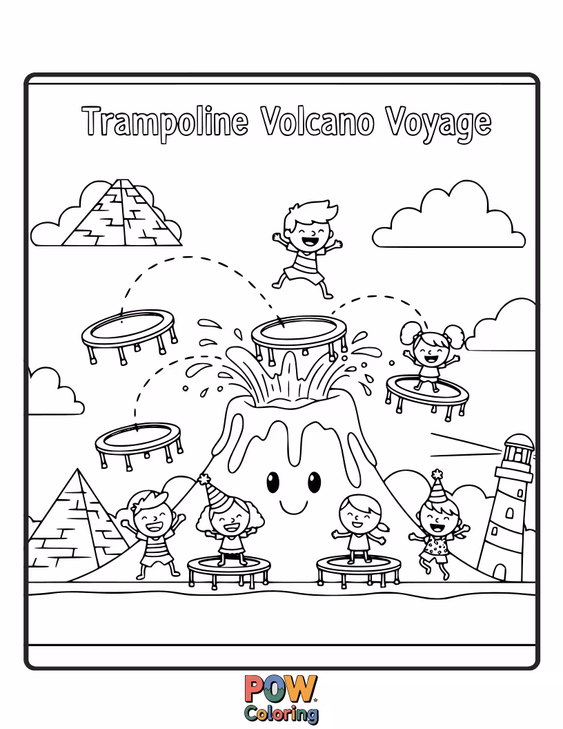 Free coloring page of A brave explorer child bouncing on a trampoline near a friendly, bubbling volcano, ready for an exciting adventure.