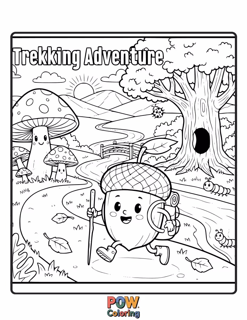 Free coloring page of A determined squirrel hauls a giant acorn up a winding path, with tiny mushroom helpers cheering him on.