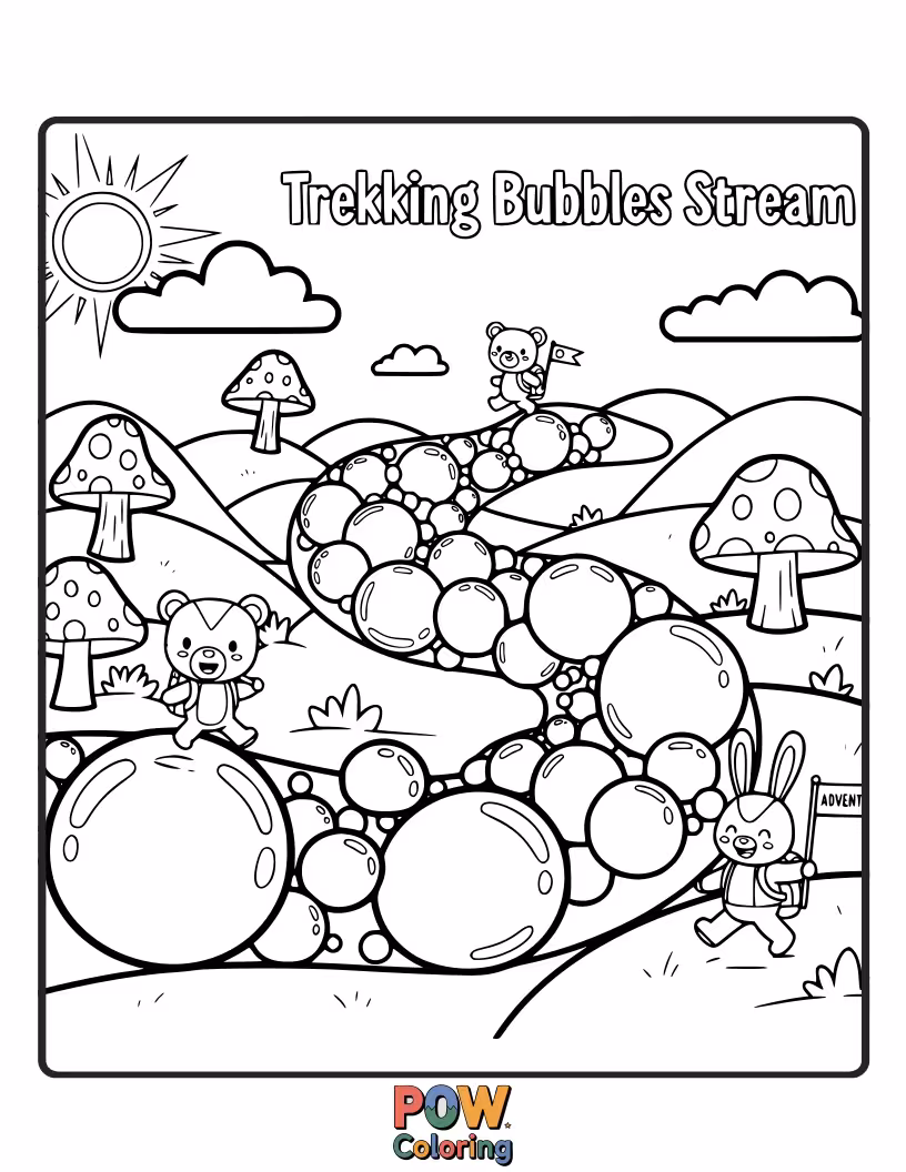 Free coloring page of A playful otter floats down a stream filled with giant, iridescent bubbles, his unique trekking adventure.