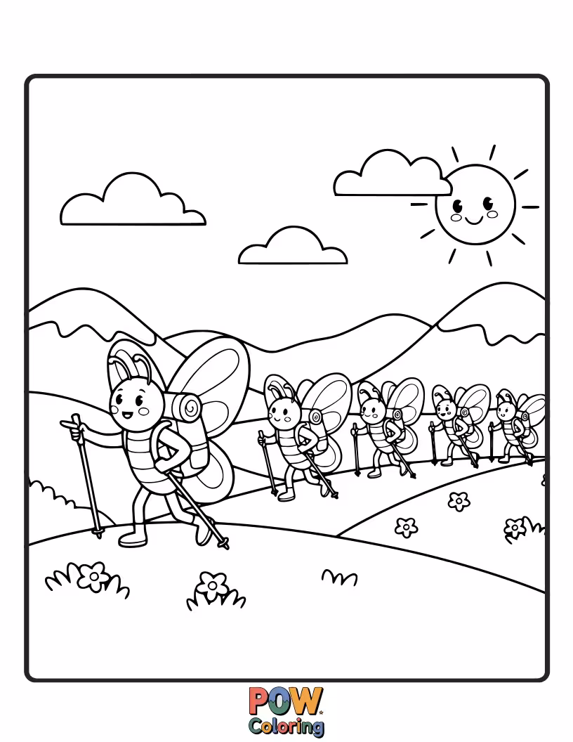 Free coloring page of A tiny ladybug leads a troop of colorful butterflies on a trek through a field of flowers.