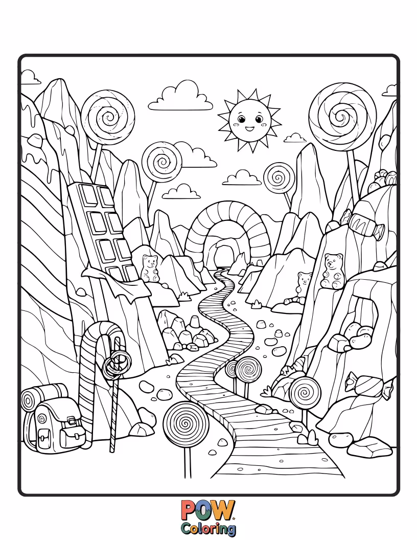 Free coloring page of A whimsical character treks through a canyon made entirely of colorful candy.