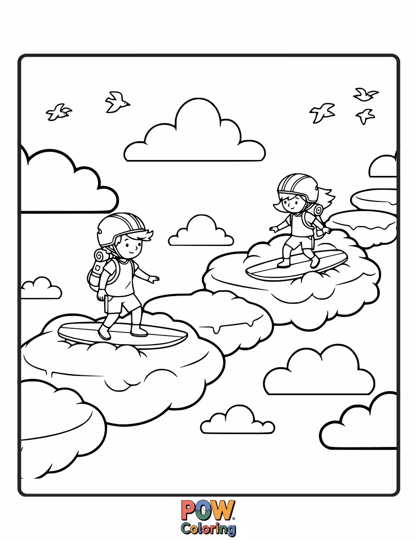 Free coloring page of Whimsical characters ride fluffy clouds like surfboards, trekking through a vibrant sky filled with stars.