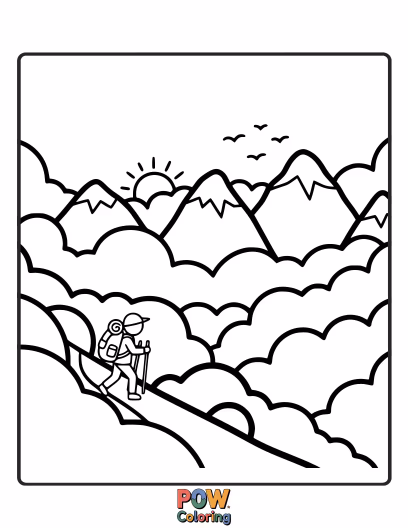 Free coloring page of Mysterious figures emerge from a swirling, beautiful fog as they trek up majestic, misty mountains.