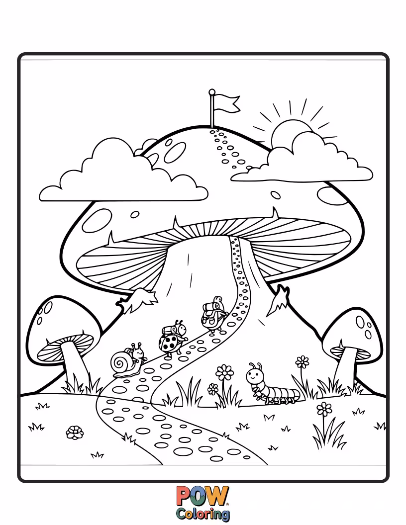Free coloring page of A little gnome climbs a giant mushroom, treating it like a mountain for his trek.