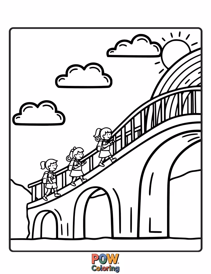 Free coloring page of A group of happy animals crosses a shimmering rainbow bridge, their trekking journey leading to a pot of gold.