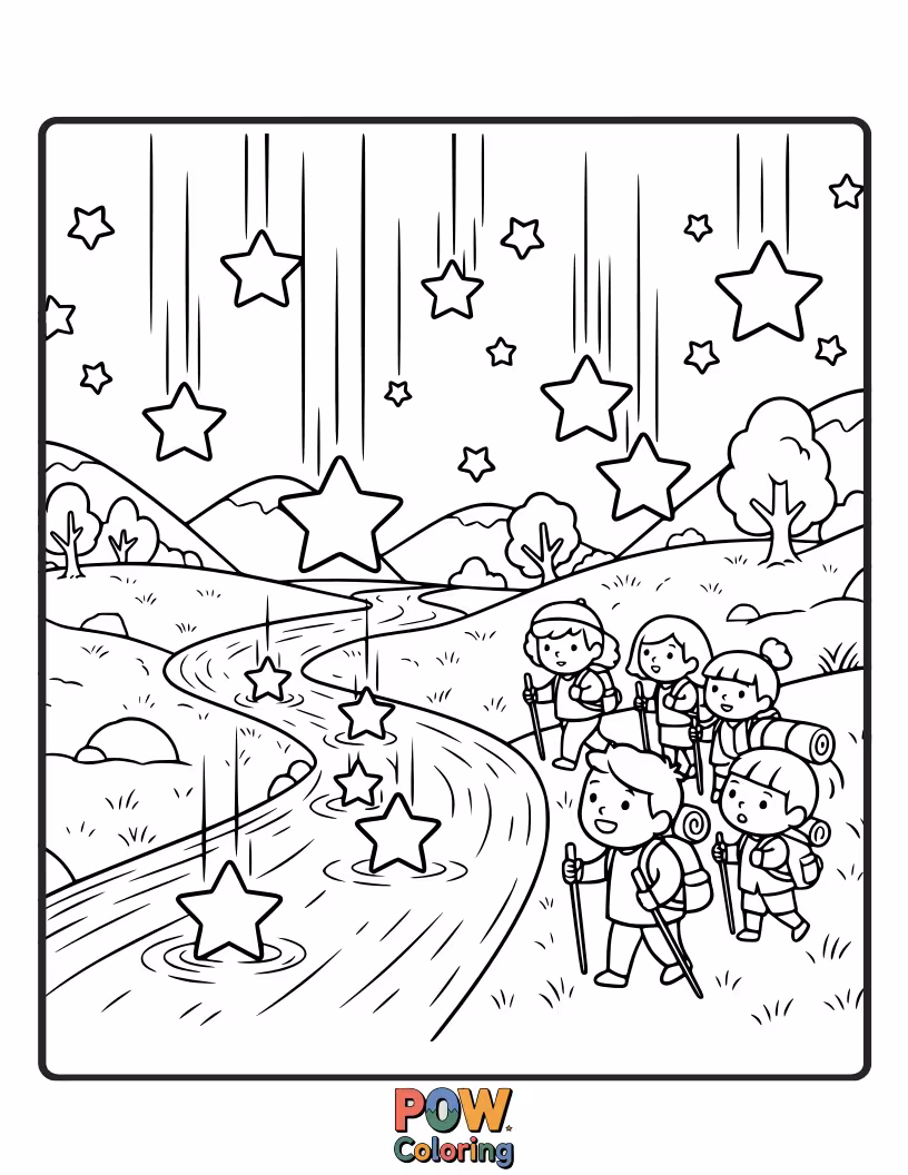 Free coloring page of Shooting stars fall like glittering water into a stream, and a lone figure treks alongside it.