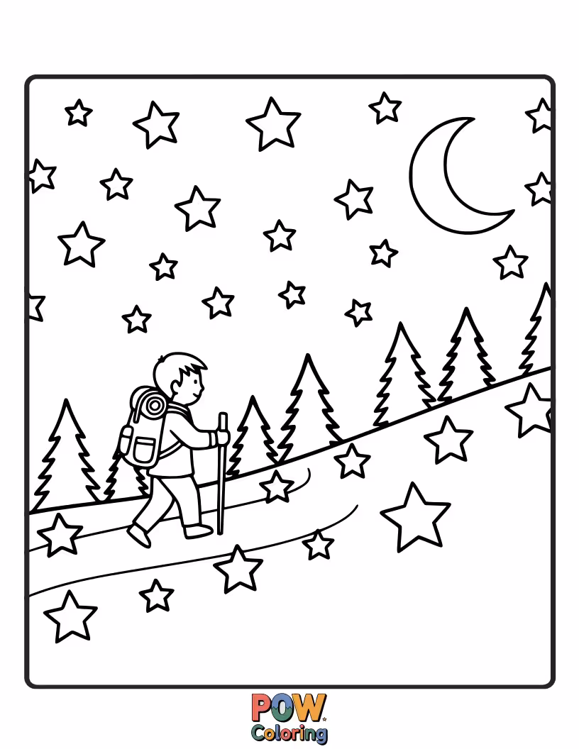 Free coloring page of A lone traveler follows a glowing path of stars through a serene, moonlit forest.