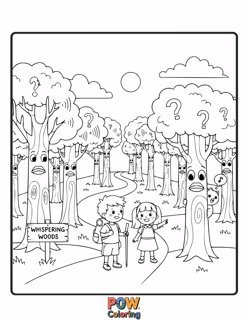 Free coloring page of A wise old owl guides a lost hiker through a forest where trees seem to whisper secrets.