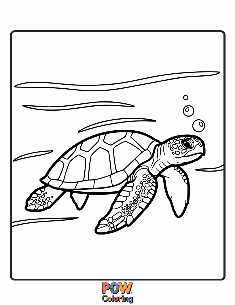 Free coloring page of A wise old turtle with a patterned shell moves serenely through calm water, surrounded by gentle waves.